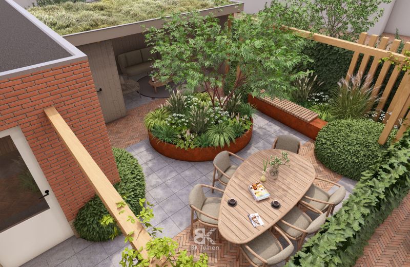 3D tuinontwerp sfeervolle stadstuin met groen karakter
