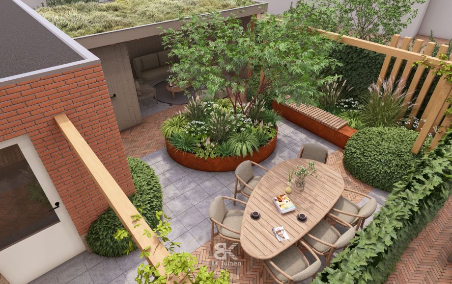 3D tuinontwerp sfeervolle stadstuin met groen karakter