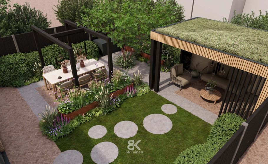 Terrasoverkapping met lichtstraat en sedumdak